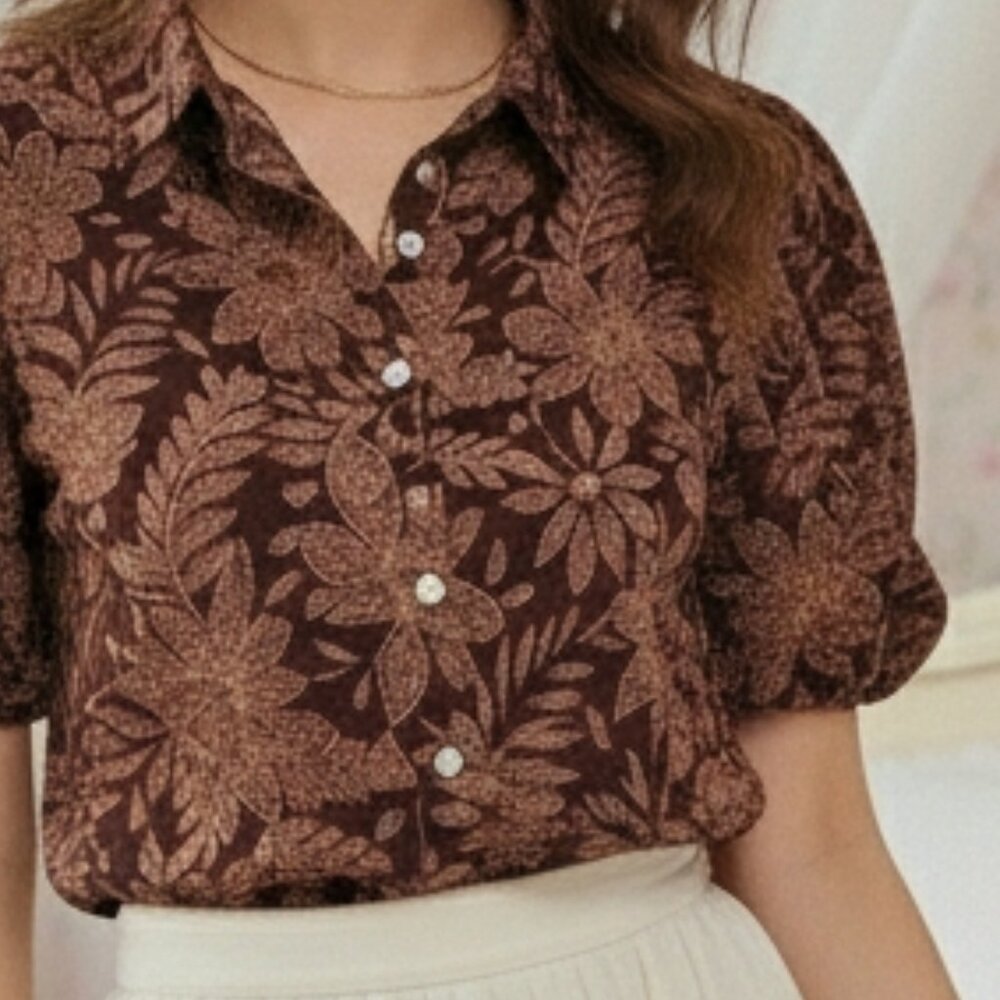 Chenault* Brown & Tan Floral and Leaf Pattern *Short Puffy Sleeves* Size: XL